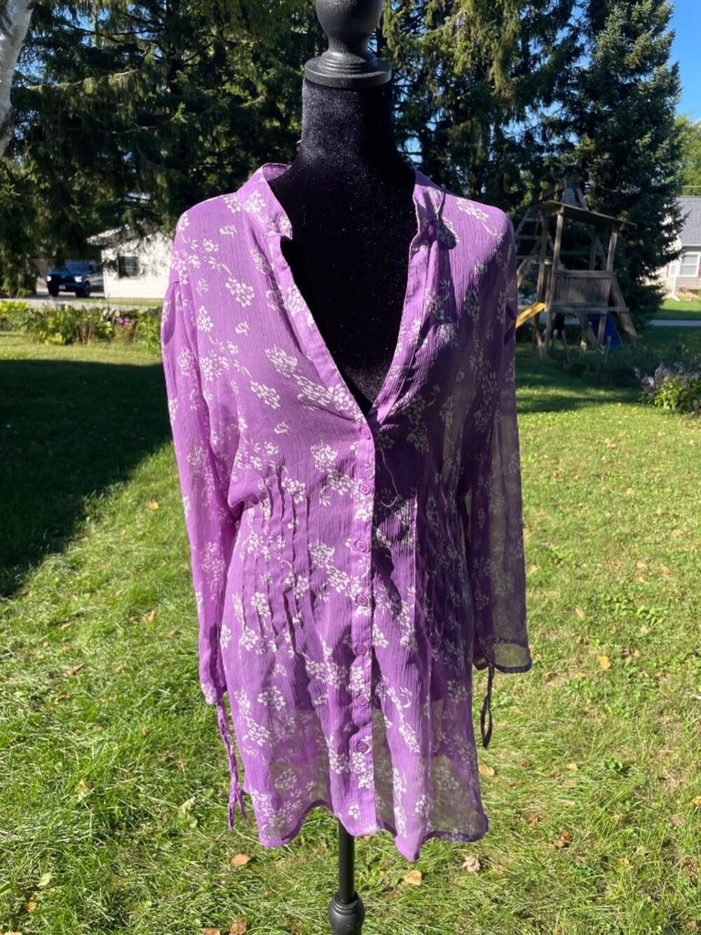 NWT Vintage Y2K DCC Top Long Tunic Sheer Purple Floral Tie Back 3XL Boho Pintuck